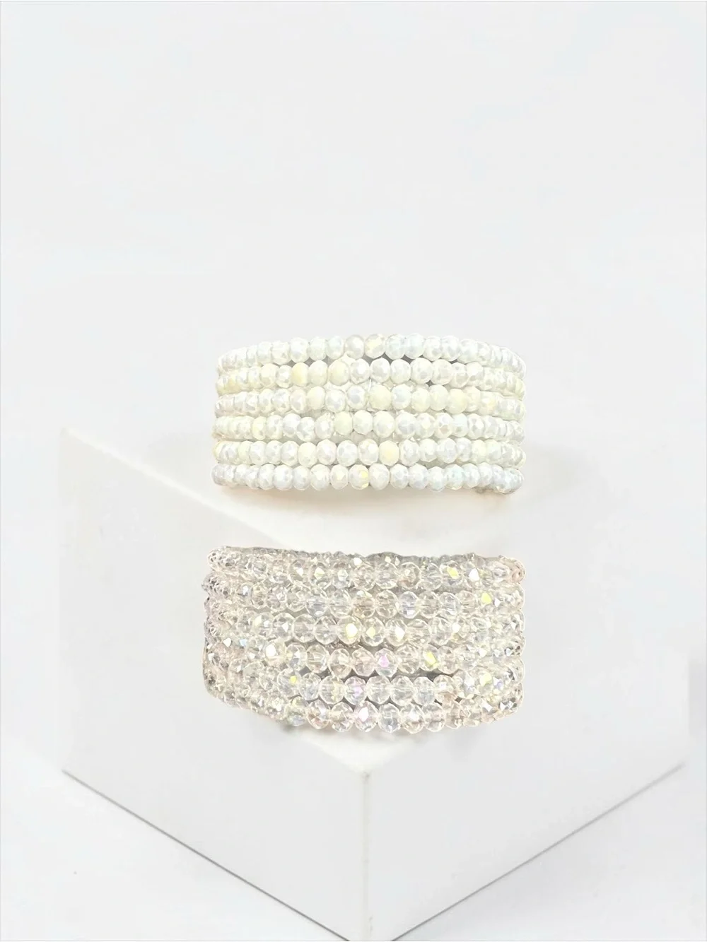 2 Super fun sets 4mm Clear (6) & White Beaded(6) Stretch Bracelet - Women Jewely